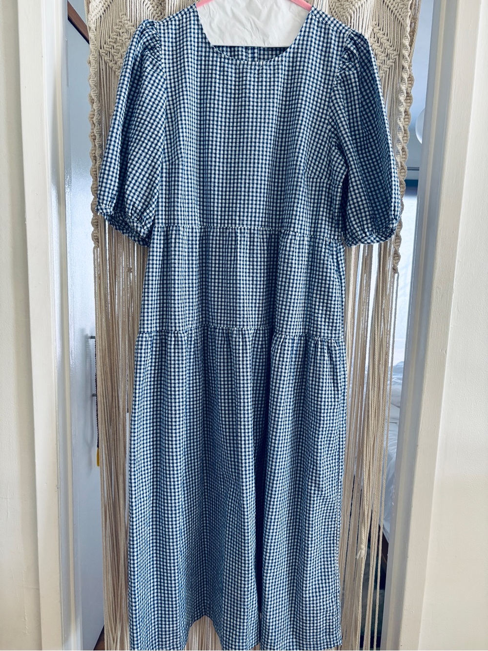 Blue and White Gingham Tiered Puff Sleeve Midi Dress NWT OLD NAVY